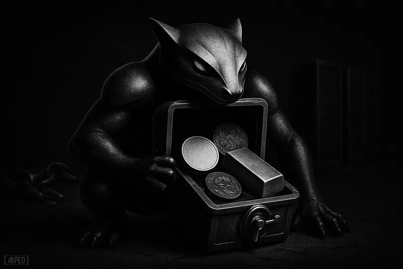 A monochrome vault-like creature protects three crypto-themed assets amid broken chains and dark server shadows on a cinematic black background.