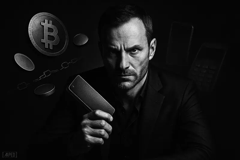 Paolo Ardoino caricature in a dark suit grips a sleek wallet device, surrounded by metallic crypto tokens and faint payment technology shapes.