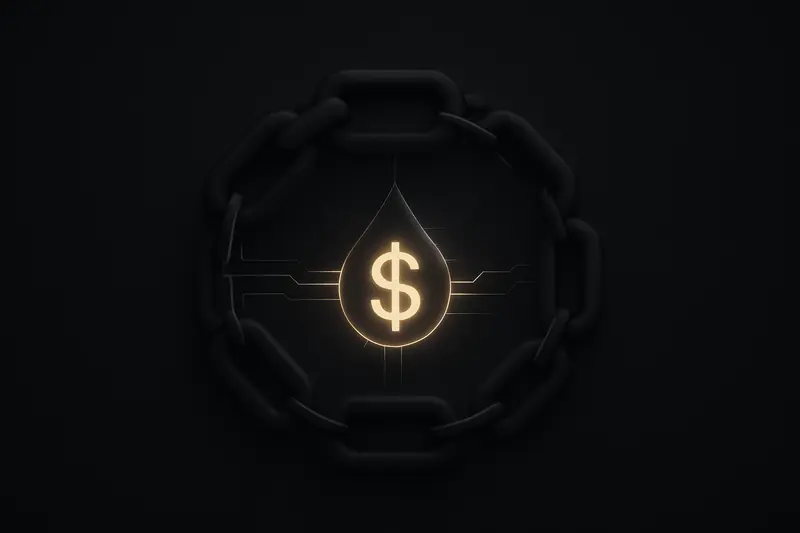 Glowing green liquid droplet shaped like a dollar sign flowing through a dark gold chain-circuit tunnel on black.