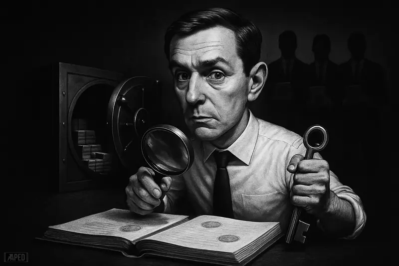 Caricatured Tether CFO leans over audit documents with magnifying glass and key, watched by four shadowy accountants near a vault.