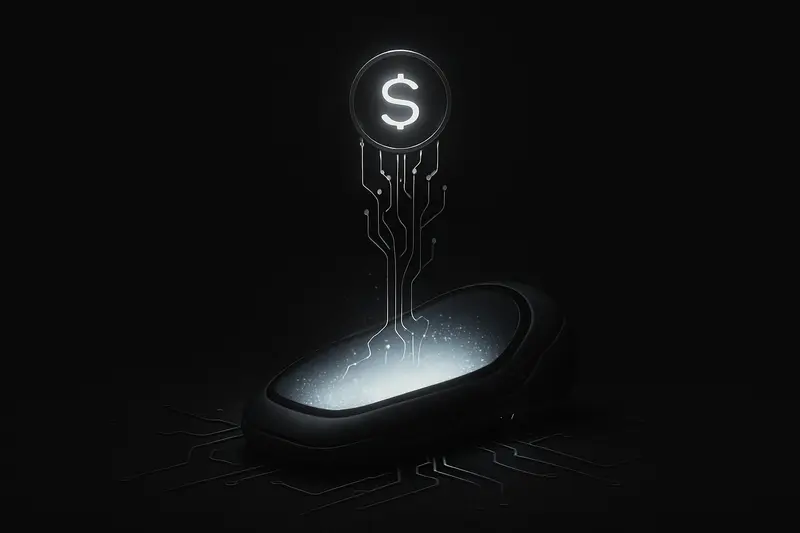 A dark futuristic bed-like pod glowing blue, with a haloed coin fragmenting into fine circuit lines on black.