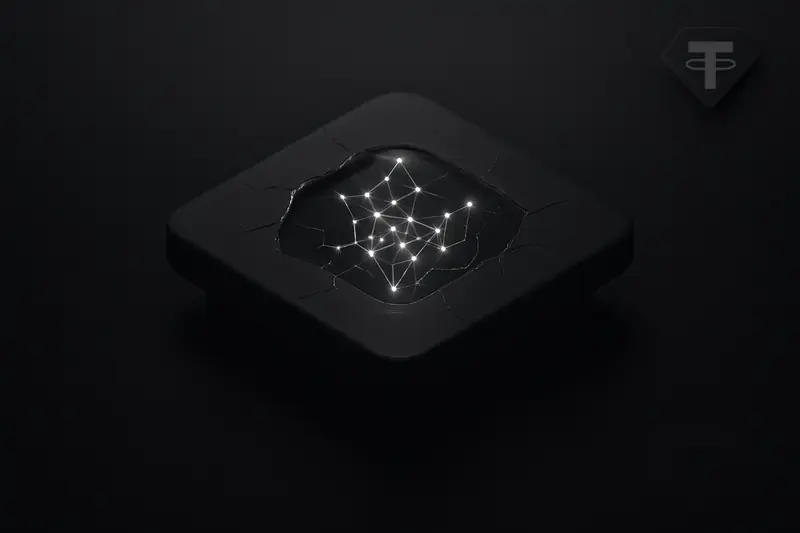 Dark smartphone silhouette with an exposed microchip, containing a bright neural-network lattice spilling neon light onto a black background