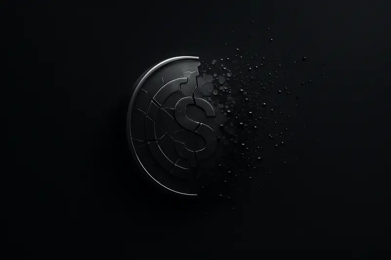 A translucent glowing coin on a black background, cracked and shedding bright fragments into a fading particle trail.