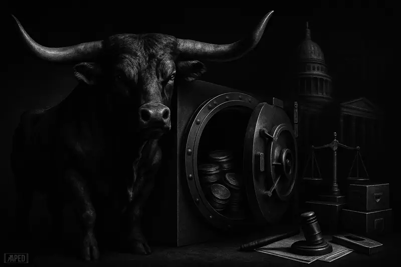 A powerful Texas longhorn guards an open vault in a dark capitol setting with scales, gavel, and custody hardware in monochrome.