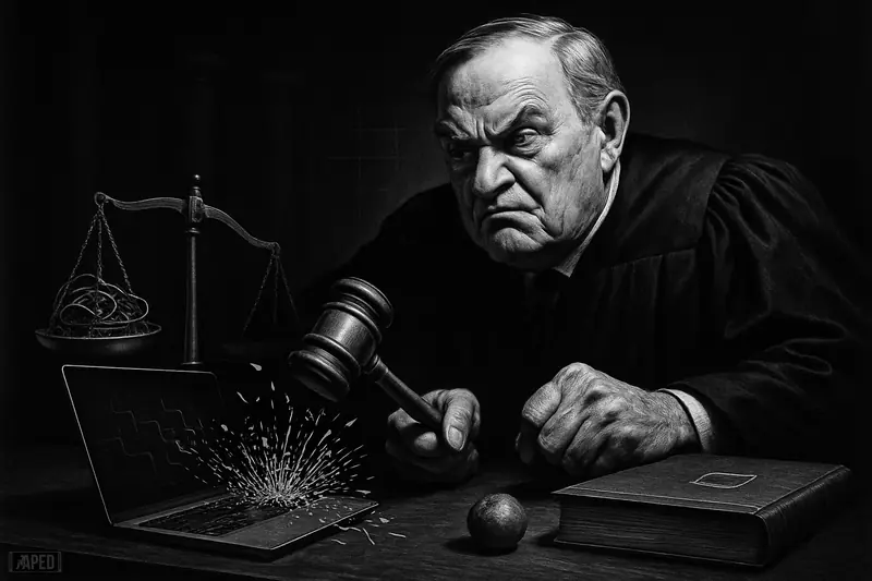 A stern judge caricature slams a gavel as abstract circuitry “code” bursts apart beside a laptop and legal scales in a dark courtroom.
