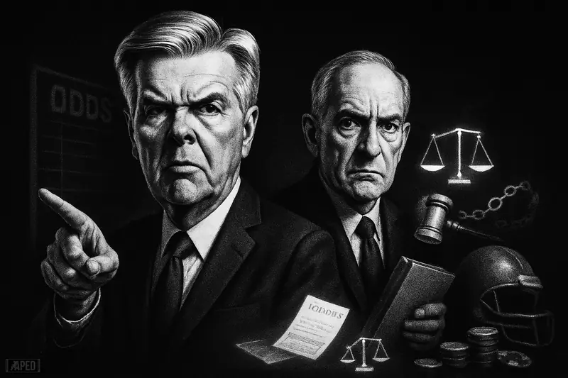 Dan Patrick and David Miller stand sternly in a dark regulatory scene with legal symbols, betting props, and a faint data grid.