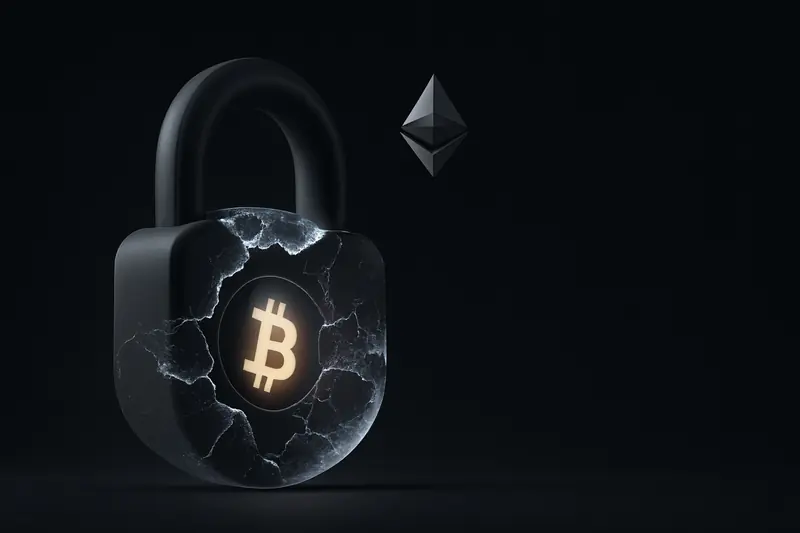 A matte-black padlock encased in cracked ice, with faint glowing coin-like circles suspended inside on a dark background.