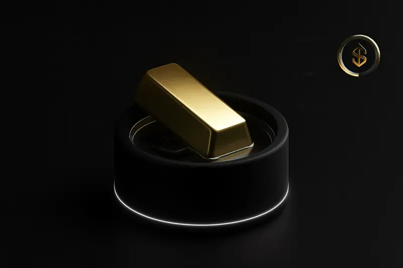 On a black background, a luminous gold bar melts into a circular glass vault filled with swirling golden liquid.