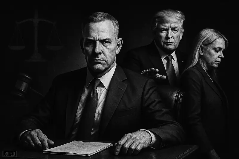 Todd Blanche takes center stage at a justice desk as Pam Bondi recedes and Donald Trump looms behind in a dark grayscale scene.