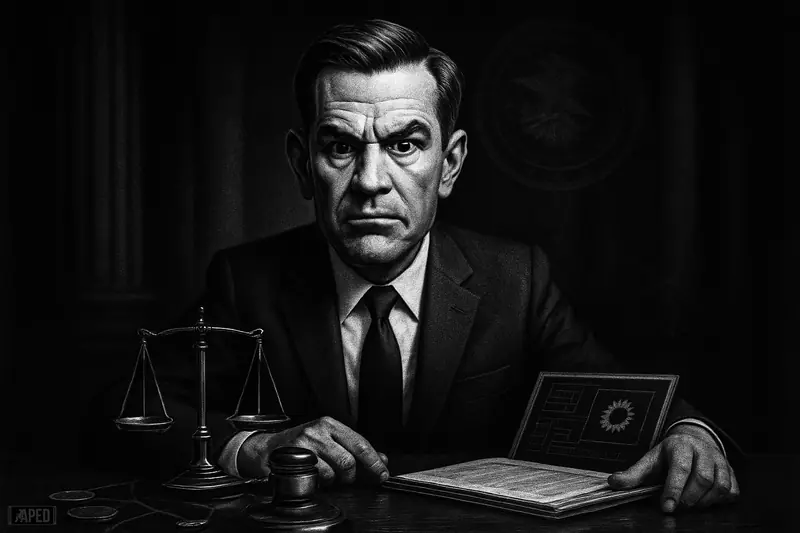 Todd Blanche sits sternly at a dark government desk with legal symbols and crypto-themed evidence in a moody black-and-white scene.