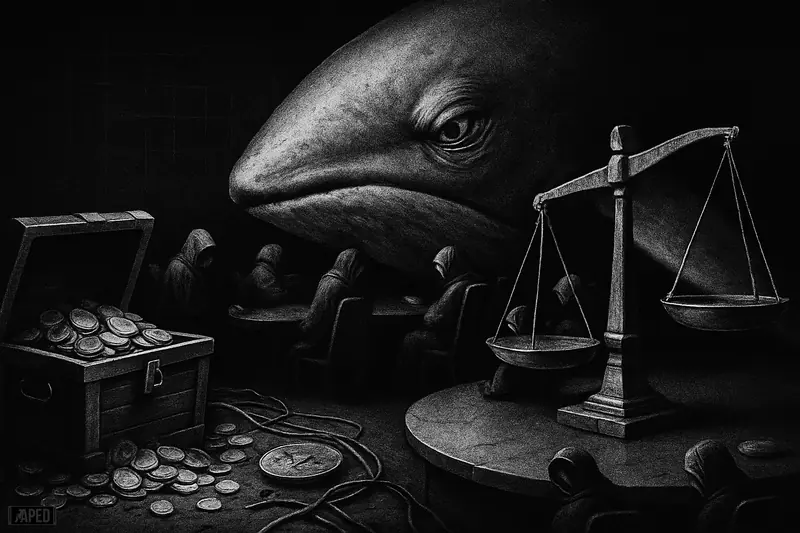 A giant whale dominates a dark governance chamber as disengaged delegates ignore a skewed vote beside a spilling crypto treasury.