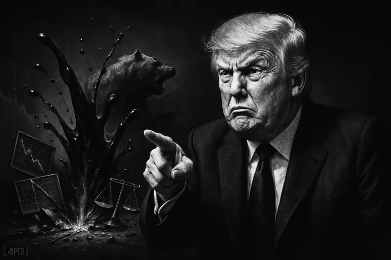 Trump points aggressively before an exploding oil surge and collapsing trading symbols in a dark grayscale financial panic scene.