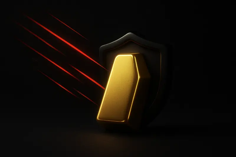 Glowing gold bar shaped like a shield deflecting red missile-like streaks, with faint digital grid lines on a black background.