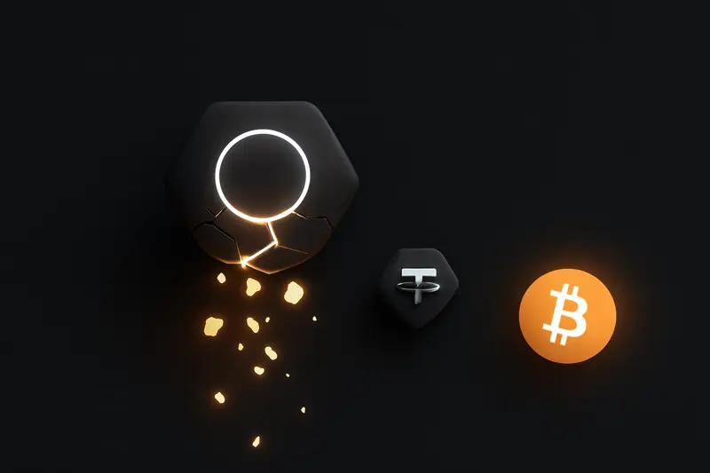 Cracked gold bar on a black background, spilling small glowing coin-like shards that fade into a dark void.