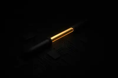 Glowing gold fluid streams through a sleek pipe across a dark, dormant circuit board with faint sparks and grid lines.