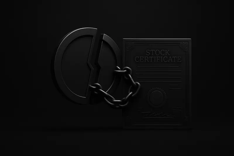 On a black background, a glowing coin merged with a torn stock certificate, linked by luminous chain segments and grid lines.