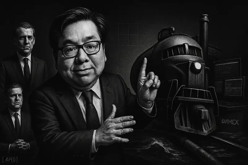 Thomas Lee braces against a surging oil tanker as Macron and Starmer watch tensely in a dark grayscale financial crisis scene.