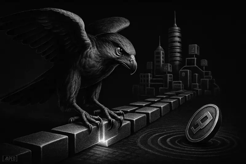 A grayscale futuristic hawk lands on locking blockchain blocks as payment ripples and network towers suggest instant settlement speed.