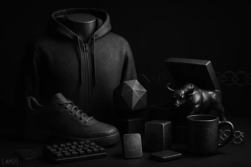 A monochrome luxury still life of personalized crypto-themed gifts and merch arranged on a dark cinematic table with subtle blockchain symbolism.
