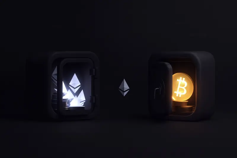 Two dark metallic vaults with swirling orange and blue glowing coins flowing inside on a black, high-contrast background.