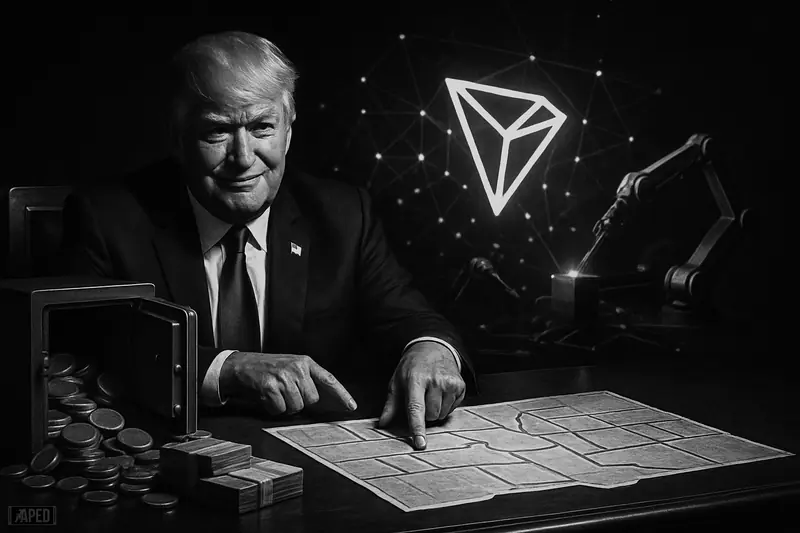 Caricatured Donald Trump at a desk beside an overflowing vault, with robotic AI arms and blockchain nodes around a triangular monument on a dark grid.