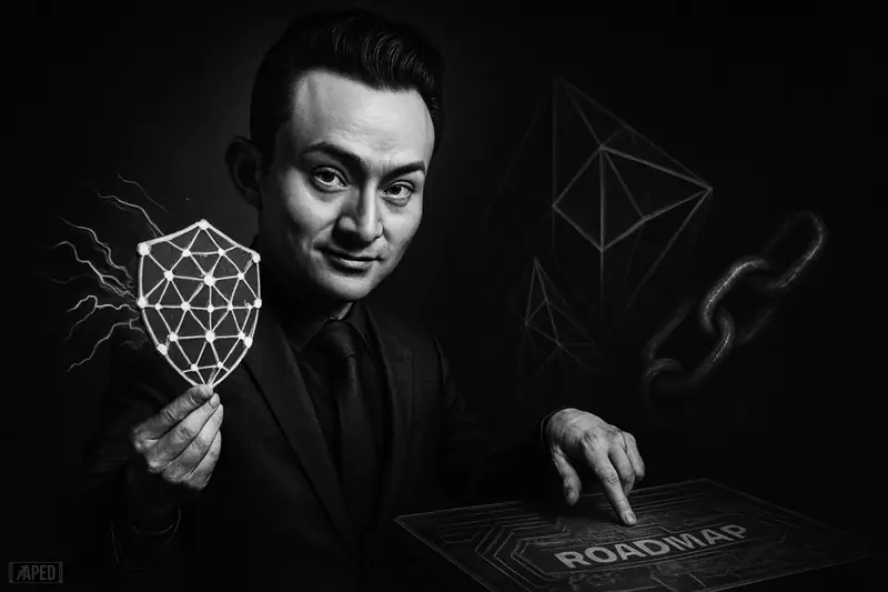 Justin Sun caricature in a dark suit, presenting a blockchain shield against quantum waves in a moody grayscale futuristic scene.