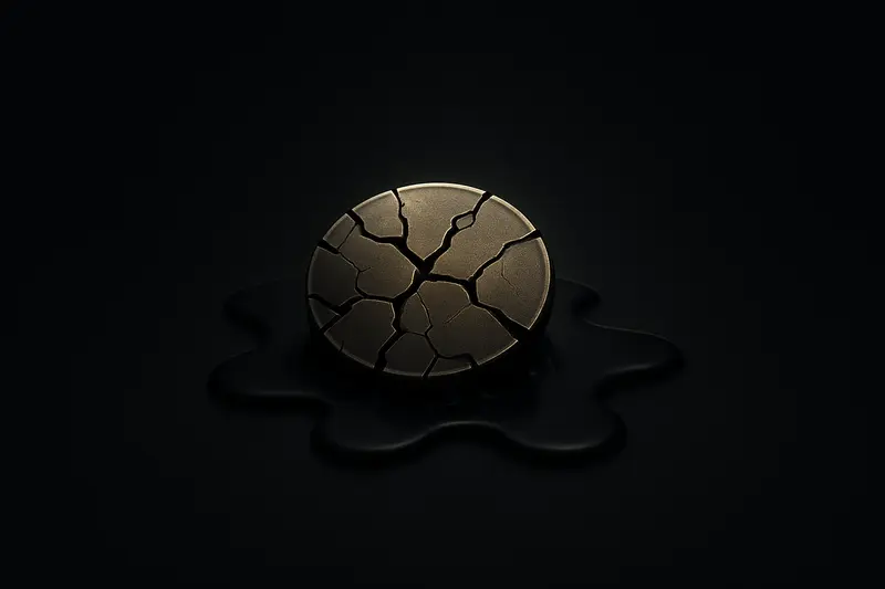 A shattered gold coin fragments and liquefies into a dark abyss, surrounded by faint red candlestick streaks on black.