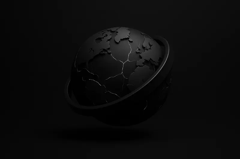 A dark globe with glowing fracture lines, squeezed by a metallic ring, with scattered red and green market sparks.