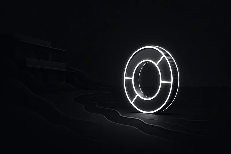 Moonlit black-sand shoreline with a neon coin-shaped lifebuoy floating near gentle waves and distant silhouetted palms.