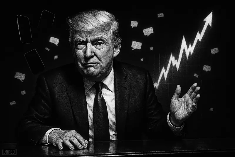 Donald Trump in exaggerated photorealistic caricature stands amid swirling social media symbols and rising market streaks in a dark grayscale scene.
