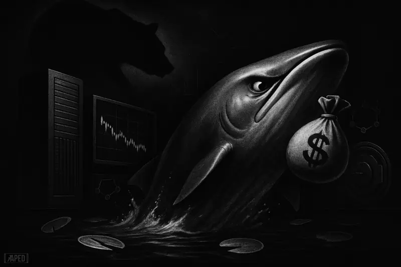 A giant whale surges from a dark trading sea while sinking token discs and a looming bear suggest a continuing crypto price decline.