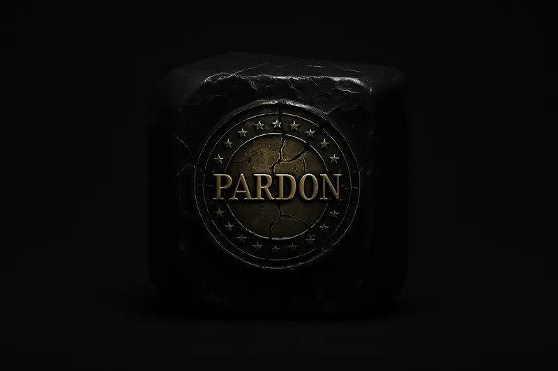 A cracked gold wax seal trapped in translucent black ice, with faint red warning glows on a dark background.