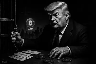 Trump tightens a border chain as shadowy migrants move toward a Bitcoin ATM and digital payment symbols in a dark grayscale scene.