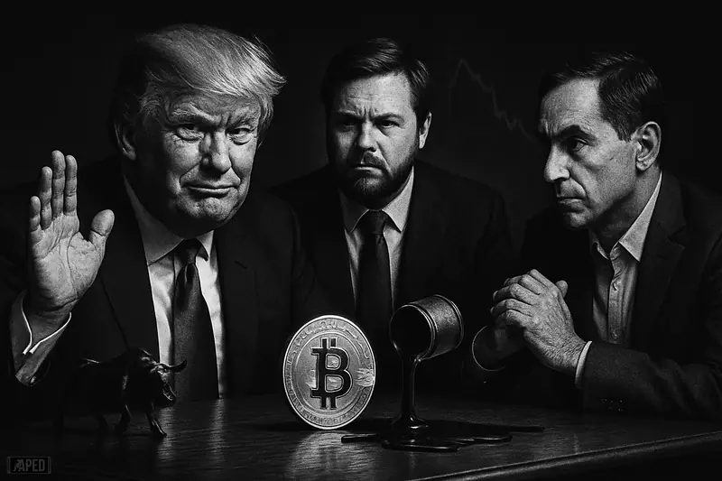 Trump, JD Vance, and Abas Aslani sit at a tense negotiation table as bitcoin rises and oil spills in a dark monochrome scene.