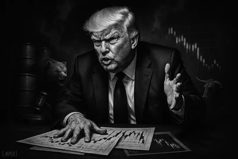 Trump looms over a dark war-room desk as bearish market symbols, oil barrels, and collapsing charts signal geopolitical pressure on crypto.