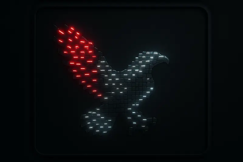 On a black background, an abstract metallic eagle silhouette built from glowing circuit traces and stacked hash-like blocks, emitting cold blue light.