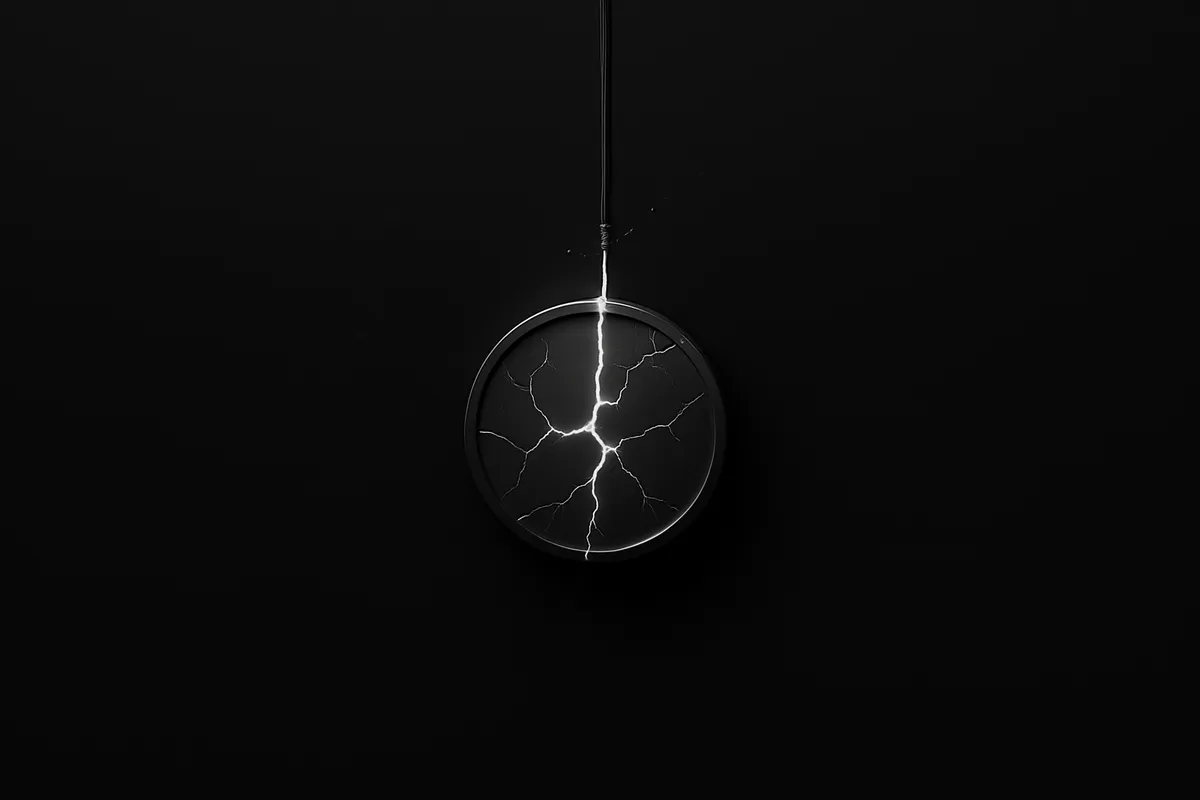A dark background with a glowing coin showing a hairline crack, tethered to a bright one-dollar ring that’s fraying.