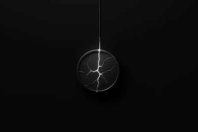 A dark background with a glowing coin showing a hairline crack, tethered to a bright one-dollar ring that’s fraying.