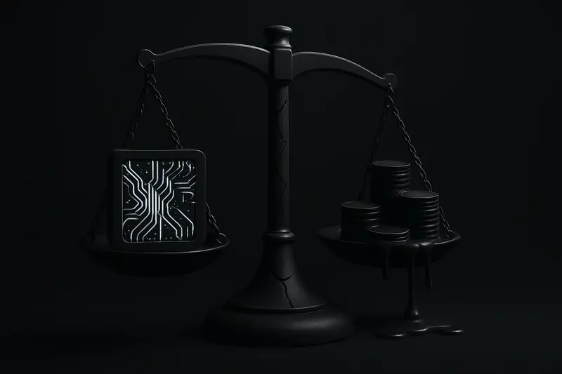 Cracked gold balance scale holding a glowing circuit board on one side and dripping coins on the other, on black.