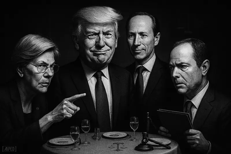 Trump and Bill Zanker face Warren, Blumenthal, and Schiff in a shadowy monochrome luncheon scene charged with scrutiny and ethics tension.