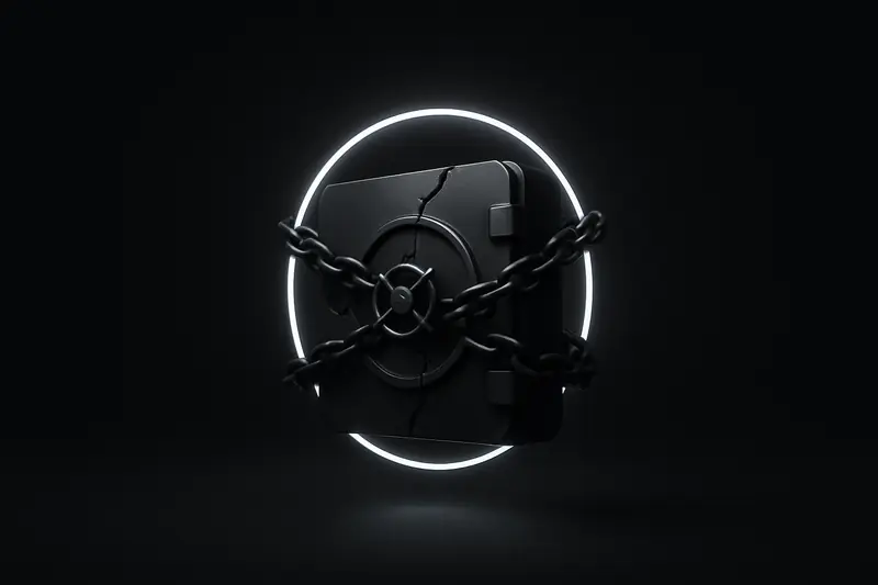A dark steel bank vault with fractured seams, wrapped in chains, encircling a glowing coin-like ring on black.