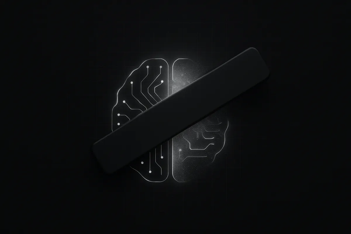 On a black background, a neon circuit-board brain is partially erased by a heavy redacted stamp and drifting digital dust.