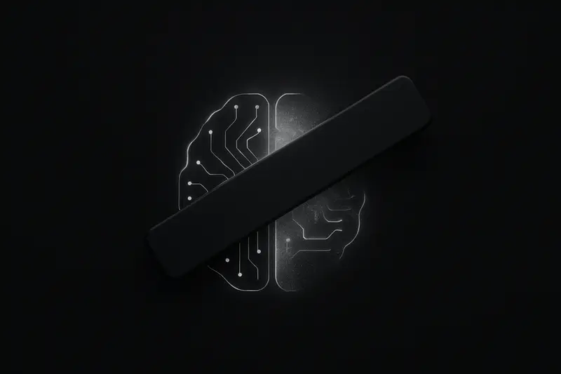 On a black background, a neon circuit-board brain is partially erased by a heavy redacted stamp and drifting digital dust.