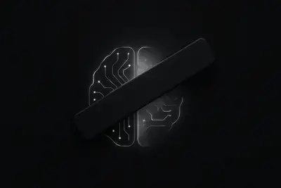 On a black background, a neon circuit-board brain is partially erased by a heavy redacted stamp and drifting digital dust.