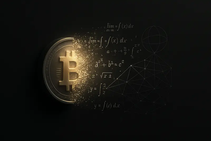 A luminous gold coin on a black background breaks into sharp geometric lines and floating mathematical symbols, forming a sleek abstract grid.