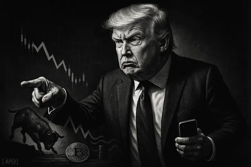Donald Trump caricature in a dark suit looms over crashing crypto and oil market symbols in a moody black-and-white financial scene.