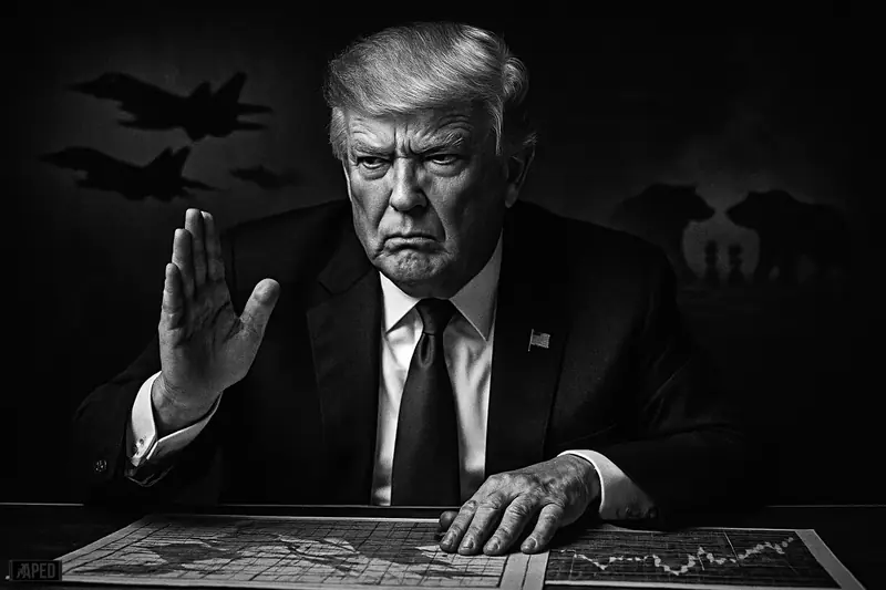 Donald Trump in a dramatic war-room scene, gesturing over maps as shadowy market and conflict symbols loom behind in grayscale.