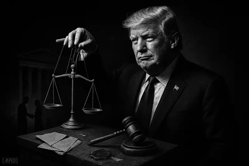Trump caricature in moody black-and-white, tugging puppet strings on tipped scales and a falling gavel, with shadowy family crypto dealings behind.