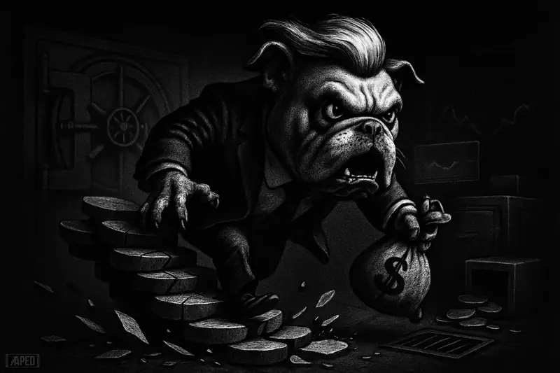 A snarling bulldog in a suit tumbles down broken token steps as vaults, safes, and data screens loom in a dark grayscale scene.