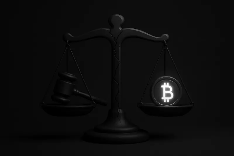 Cracked metallic balance scale holding a judge’s gavel on one side and a glowing coin on the other, against a dark background.